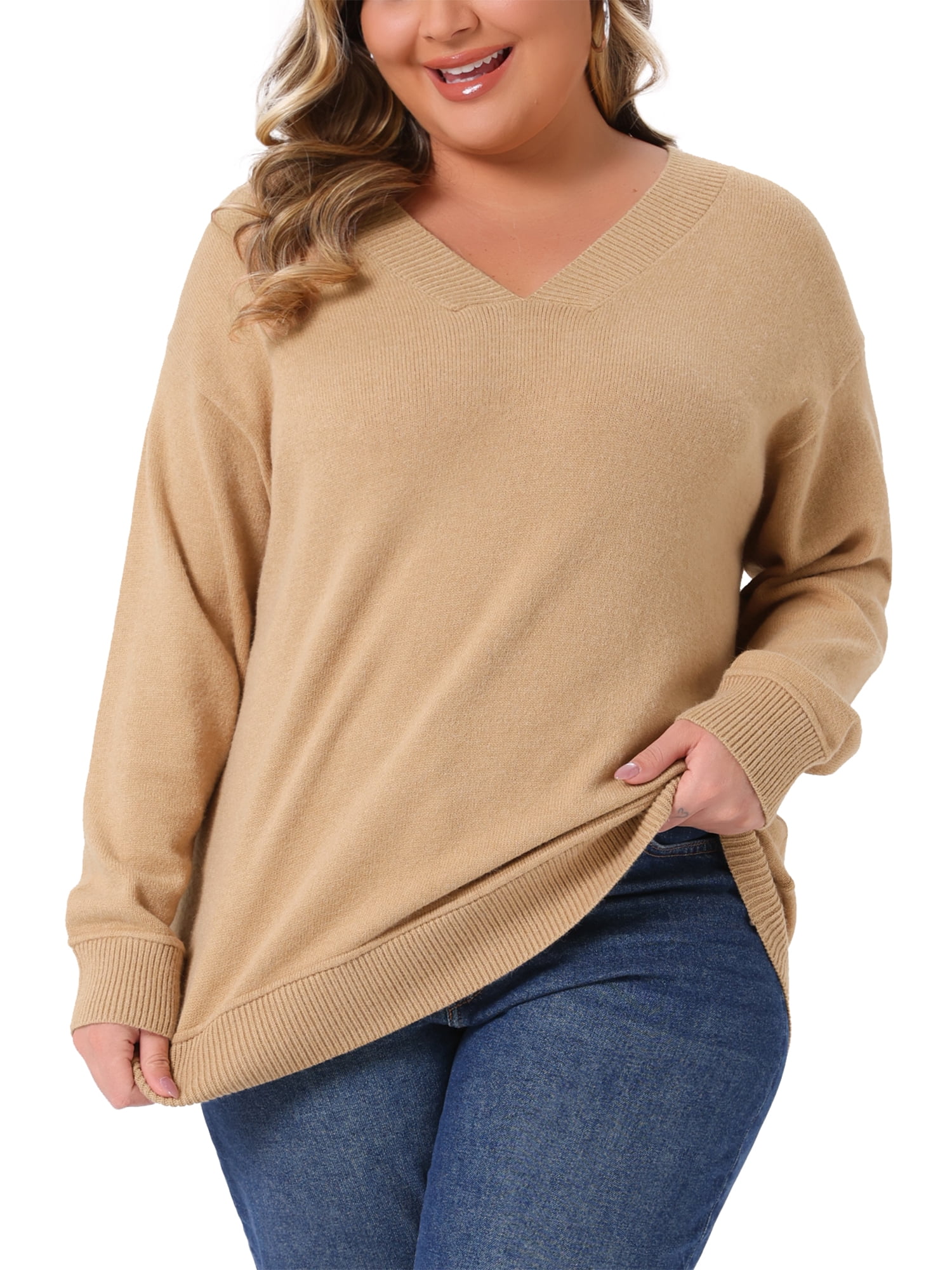 DARING DIVA Plus Size Long Sleeve V Neck Knit Pullover Sweater 2X Khaki