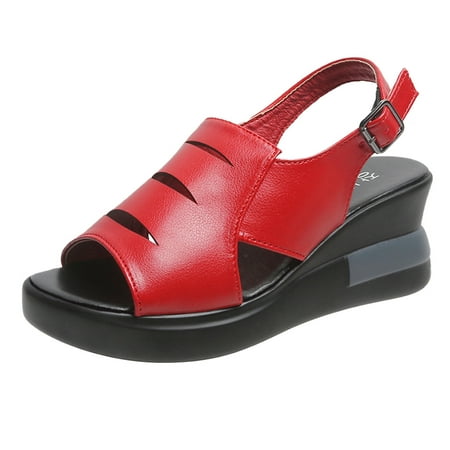 

sandals for Women Fashion Women s Summer Artificial Leather Non Slip Buckle Strap Wedges Beach Open Toe Breathable Sandals Shoes Artificial leather Dress Sandals for Women Red