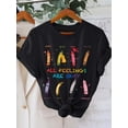 thumbnail image 1 of Women's Casual Graphic T-Shirt - Short Sleeve Crew Neck, "All Feelings Are Okay" Pencil Print, Black Polyester Blend Top for Spring & Summer, 1 of 7