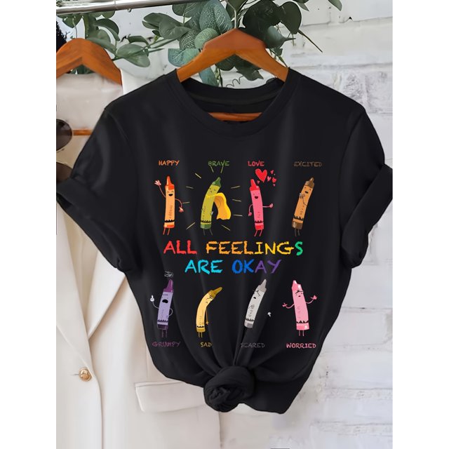 Women's Casual Graphic T-Shirt - Short Sleeve Crew Neck, "All Feelings Are Okay" Pencil Print, Black Polyester Blend Top for Spring & Summer