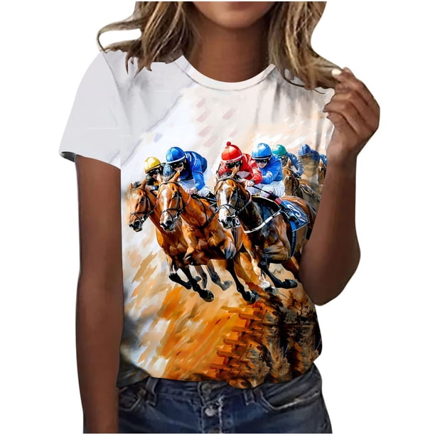 Tops de Cuello Redondo para las Mujeres, Nuevo Suéter de Manga Corta, Caballo Casual Impreso Top Camiseta