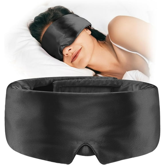 Soft Sleep Mask, Blackout Eye Mask for Side Sleepers, Women Men Sleeping Mask, Anti-Wrinkle & Softer Than Real Mulberry Silk Eye Cover, Satin Blindfold with Adjustable Velcro, Black