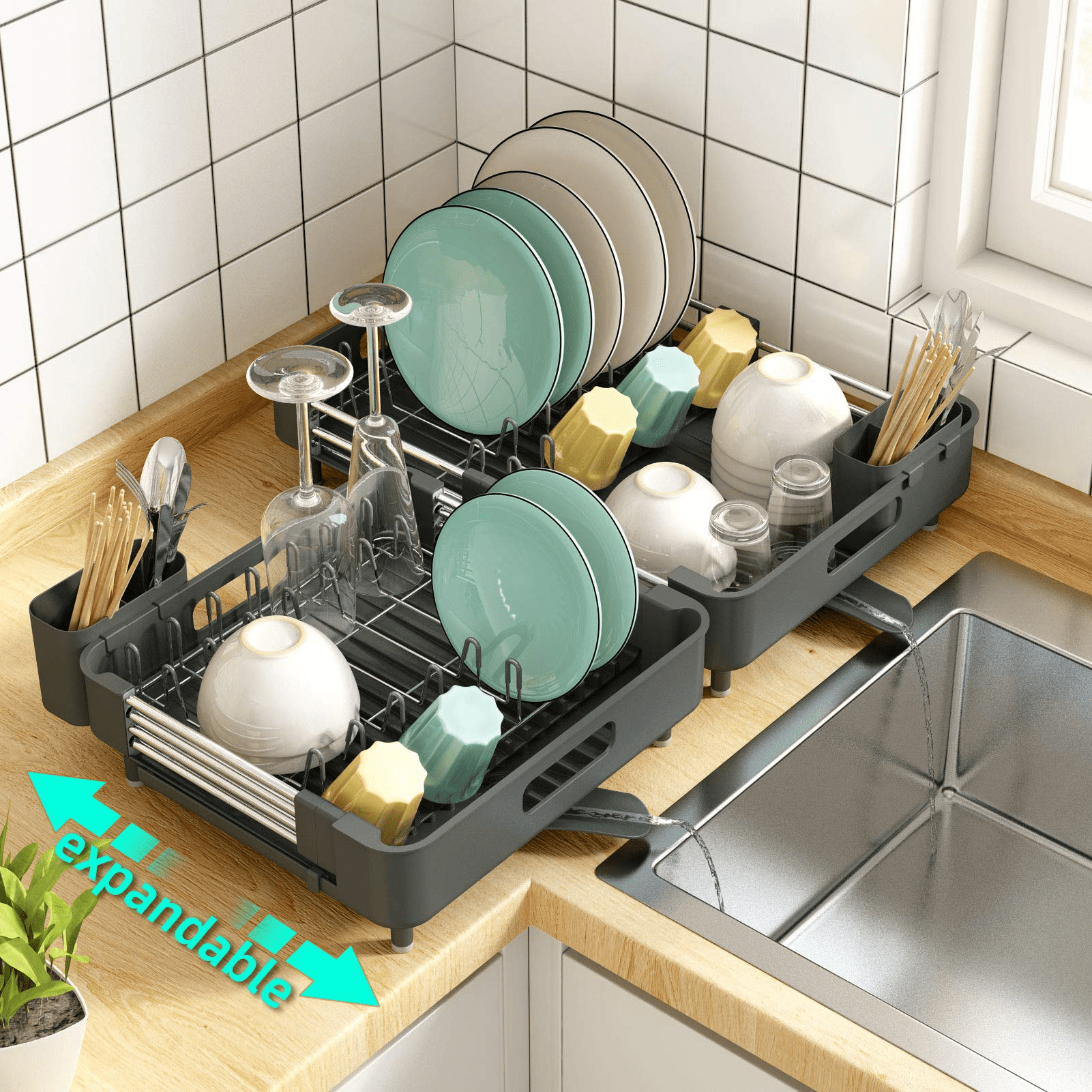 Dish Drying Rack, Kitchen Counter Dish Drainer Rack Auto-Drain, Expandable  (14.8 to 22.2 inch) Rustproof Aluminium Large Sink Dish Strainer with Dish