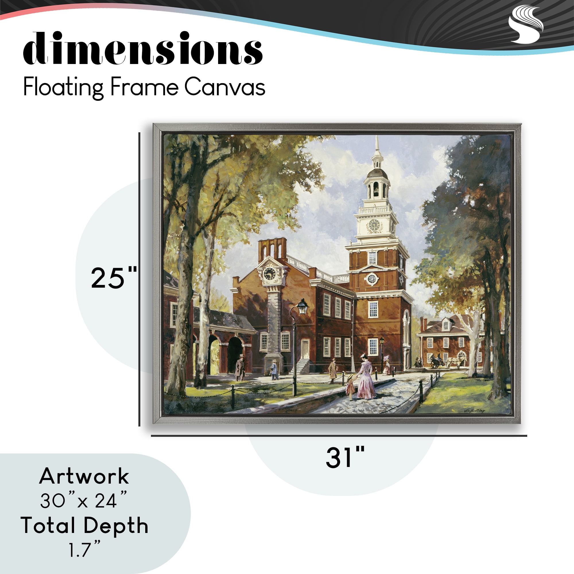 Independence Hall Colonial Times Gray Framed Floater Canvas Wall Art, design by Wind River Studios