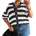 thumbnail image 5 of Short Sleeve Women Stripe Print Casual Button Down Crochet Cardigan Hollow Tops, 5 of 6