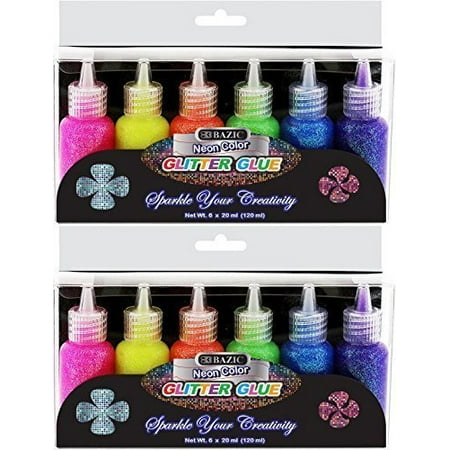 Bazic Metallic Glitter 2 Pk, Bazic 20 Ml Neon Color Glitter Glue, 6 Per Pack (Total of 12) Pink, Green, Blue, Yellow, Purple, and Orange ()