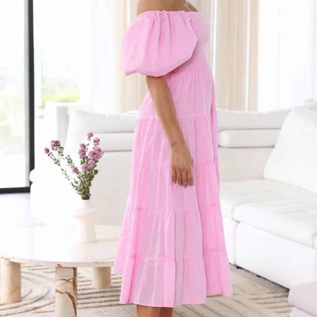 Vestido Maxi Informal Vestido maxi casual de manga hinchada Una línea de mujeres sin espalda Traje diario (Rosa L) Cgtredaw para Mujer Rosa T L
