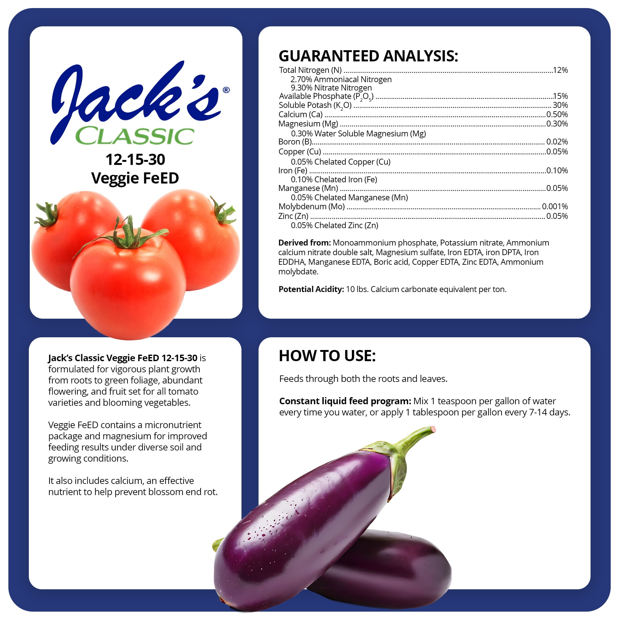 Jack's Classic 12-15-30 Veggie FeED Water-Soluble Fertilizer with Micronutrients, 4lbs - Plant Growth and Abundant Fruit Set in Blooming Vegetable Plants