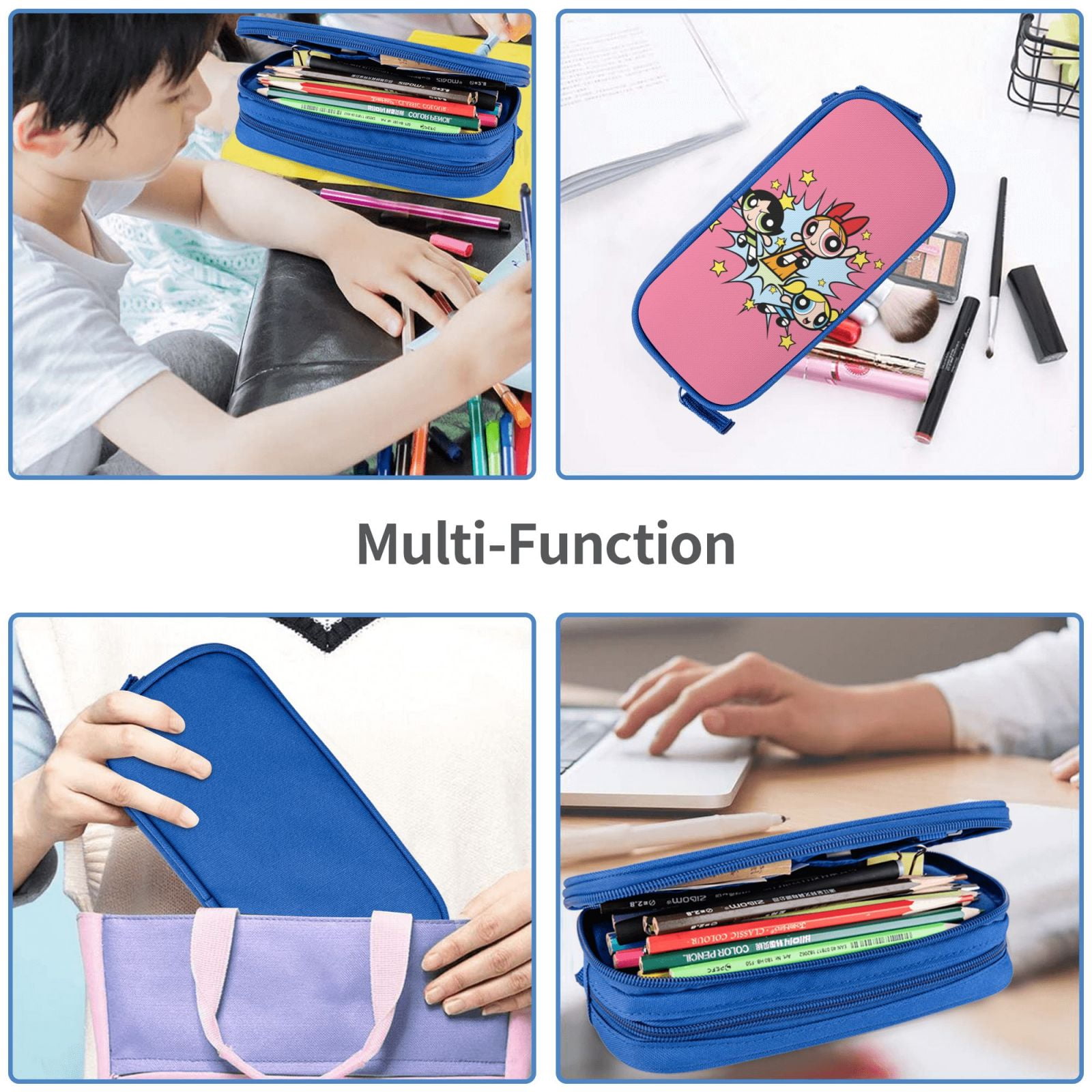 The Powerpuff Gi-rls Pencil Case Large Capacity Pencil Pouch Penbag Office Stationery Organizer Travel Makeup Bag Blue