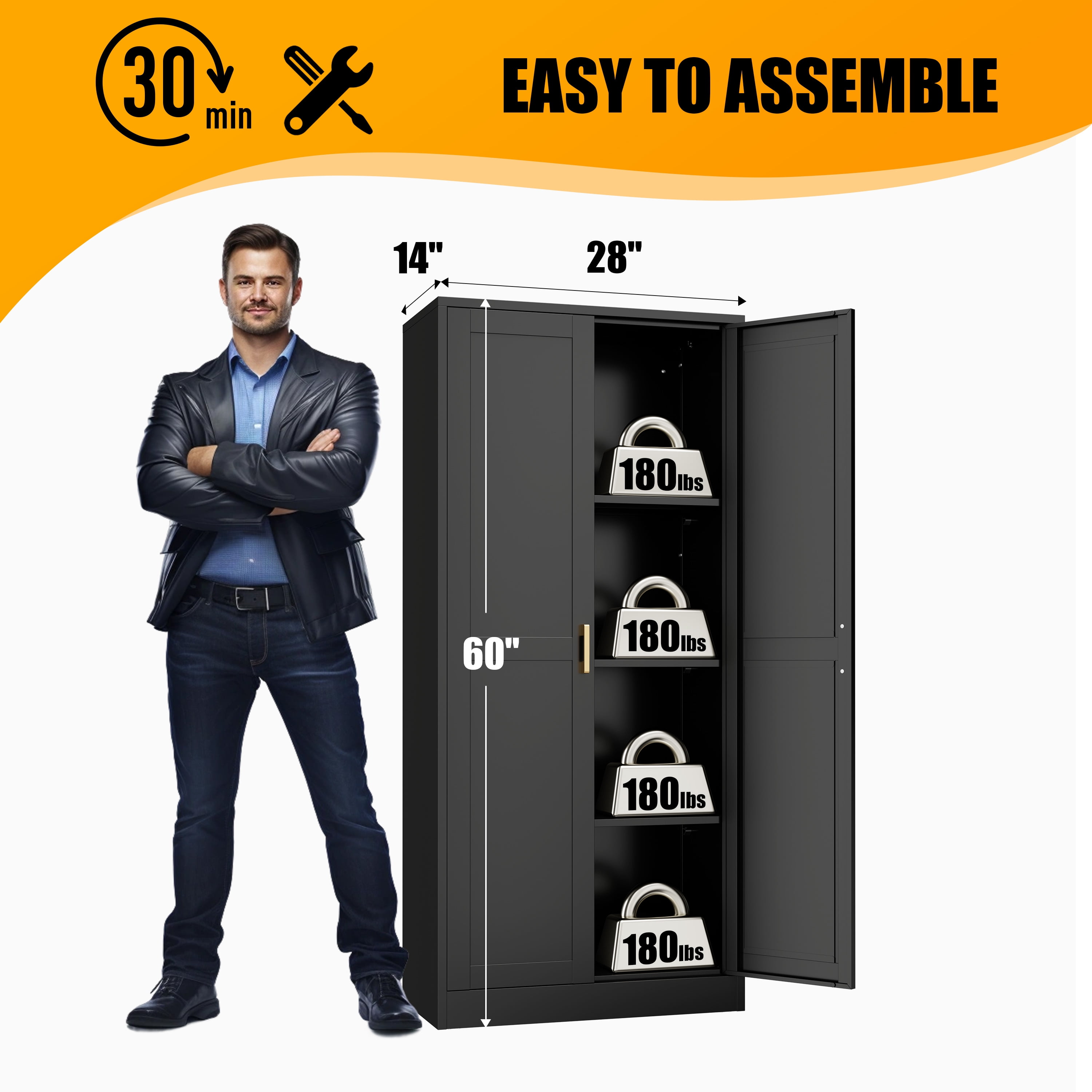Polup 60'' Tall Metal Pantry Cabinet Cupboards with Doors Adjustable Shelves Black Cabinet Office