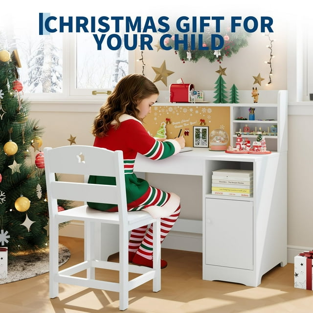 EDTara Modern Desk and Chair Set, Multi-Functional Wooden Table with Tiltable Desktop, Hutch & Storage Cabinet for Home