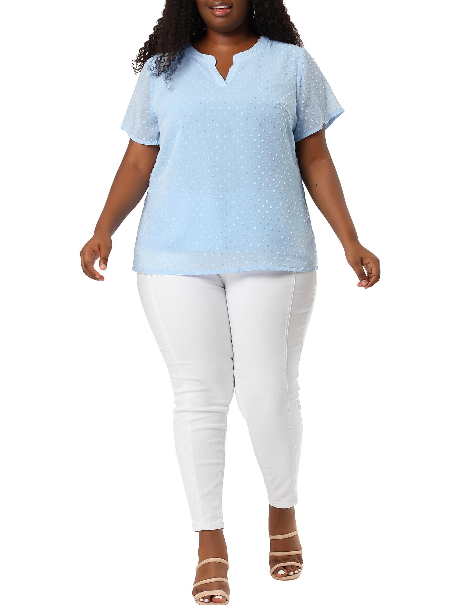 Unique Bargains Women's Plus Size Outfits Fashion Solid Pin Dots V Neck Top 4X Blue