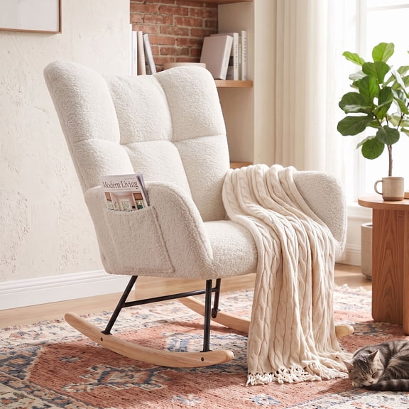 OMNIBERG Nursery Rocking Chair Teddy Upholstered Glider Rocker, Accent Rocking Chair Padded Seat with Side Pocket and High Backrest Comfy Armchair Side Chair for Living Room Bedroom Offices, White