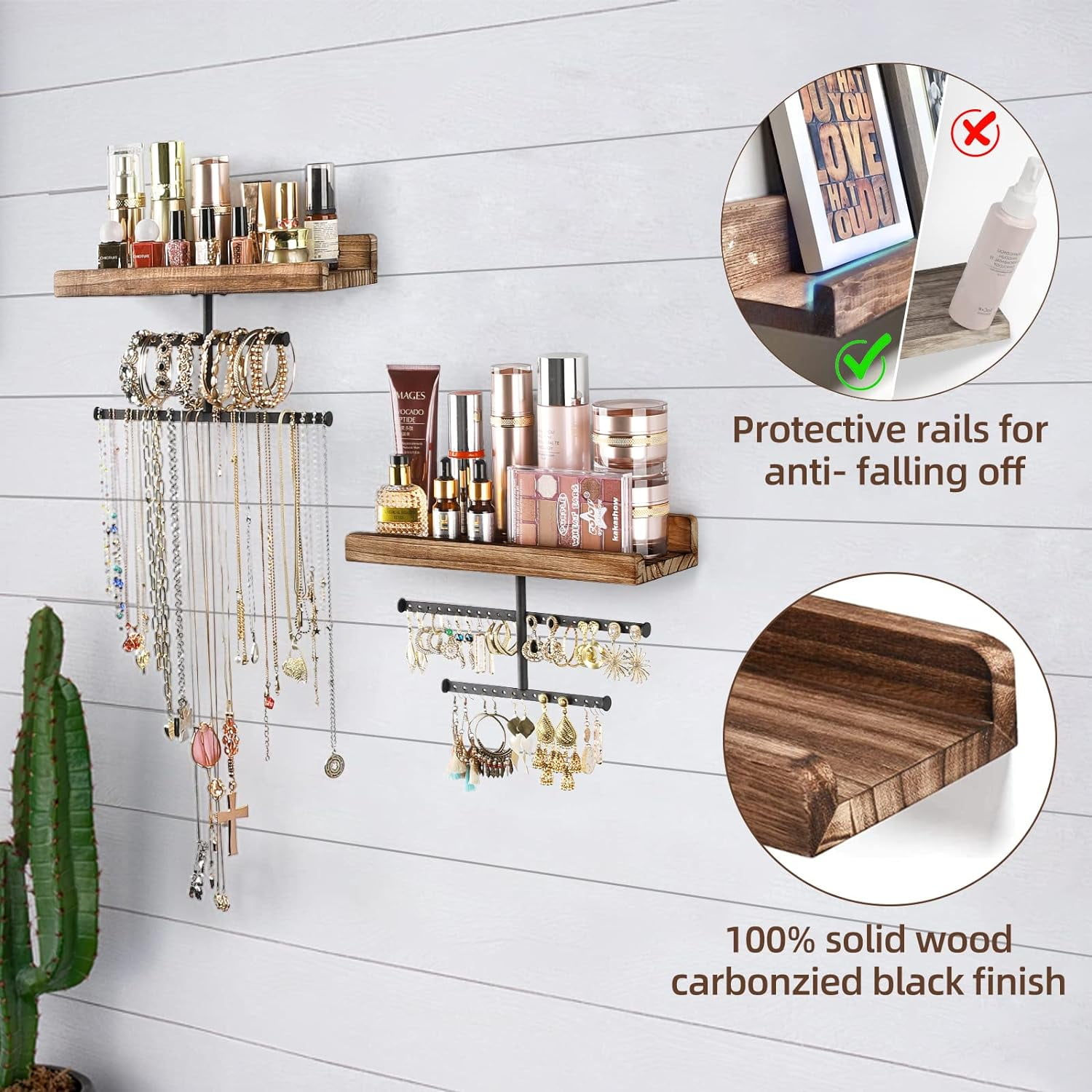 Keebofly Wall Mounted Jewelry Organizer with Rustic Wood Large Space Jewelry Cabinet Holder for Necklaces, Earrings, Bracelets, Ring Holder, and Acces