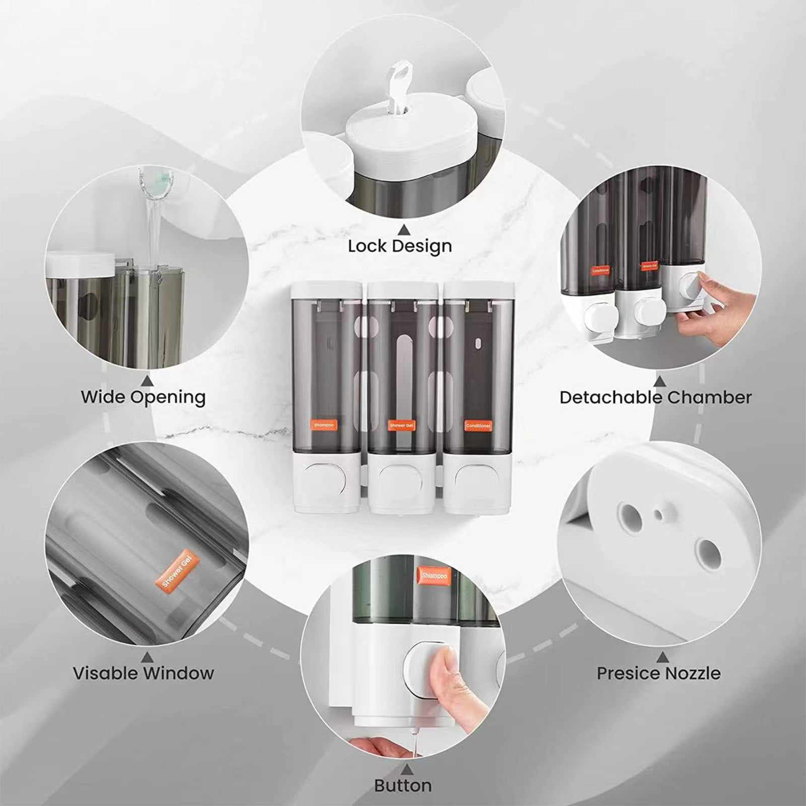 Wall Mounted Soap Dispenser | No Drill Installation with Adhesive Stickers | Refillable Liquid Dispenser for Shampoo, Conditioner & Body Wash | Abs Plastic Bathroom Organizer