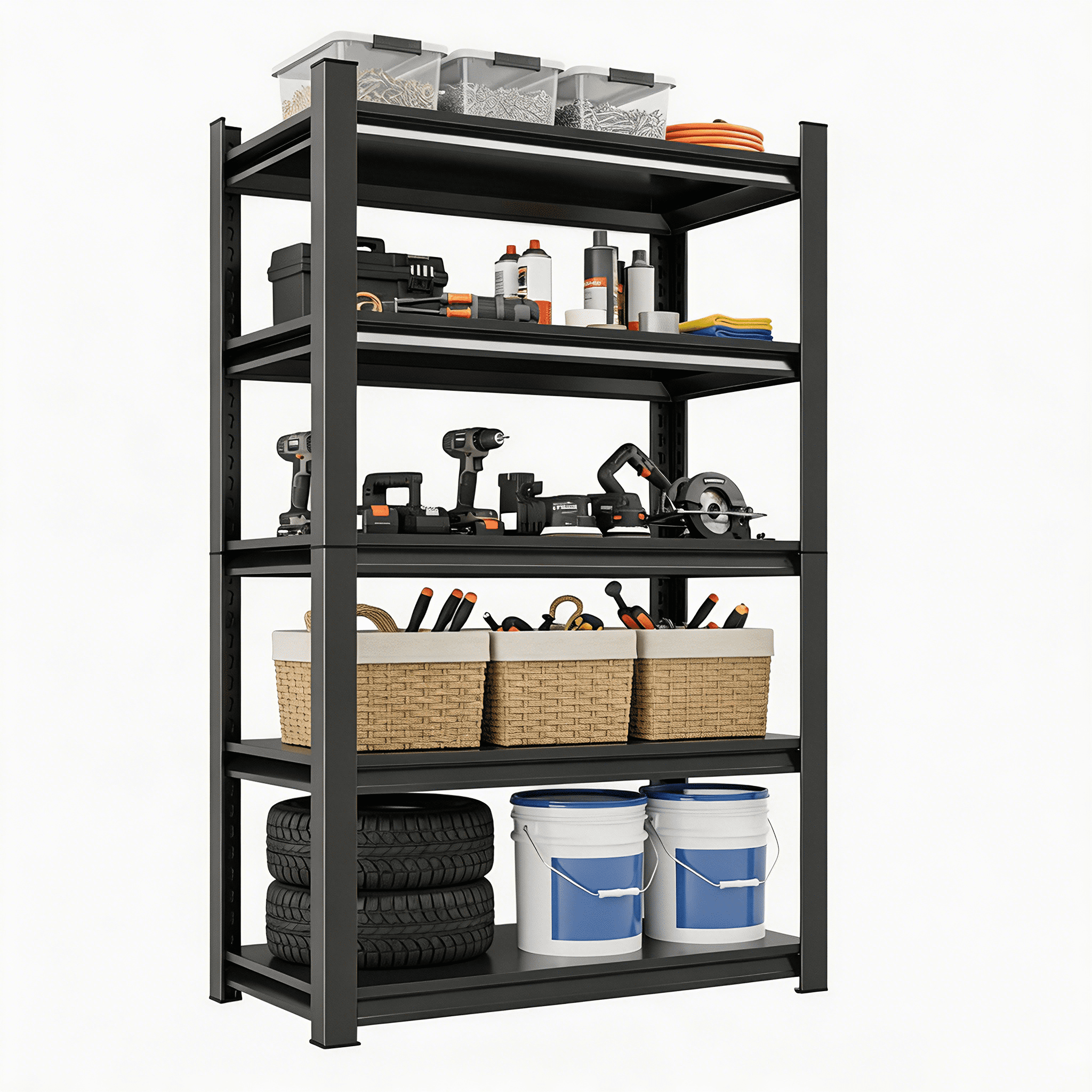 5-Tier Heavy Duty Metal Storage Shelving Unit, 2000 LBS Load Capacity Adjustable Shelves Organizer Rack for Home, Garage & Warehouse, 71.20"H x 35.43"W x 17.72"D, Black