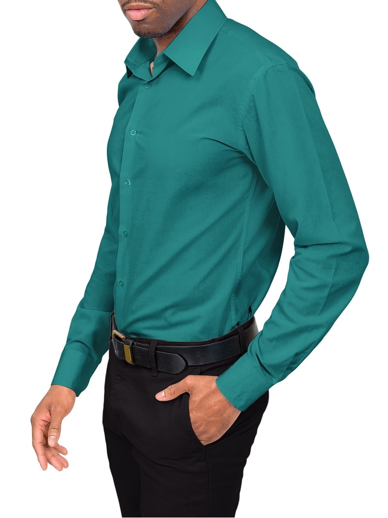 fitted lace wedding dress Men's Dress Shirt Long Sleeve 4-Way Stretch Wrinkle Free Teal Formal Shirt 2XL main image 1