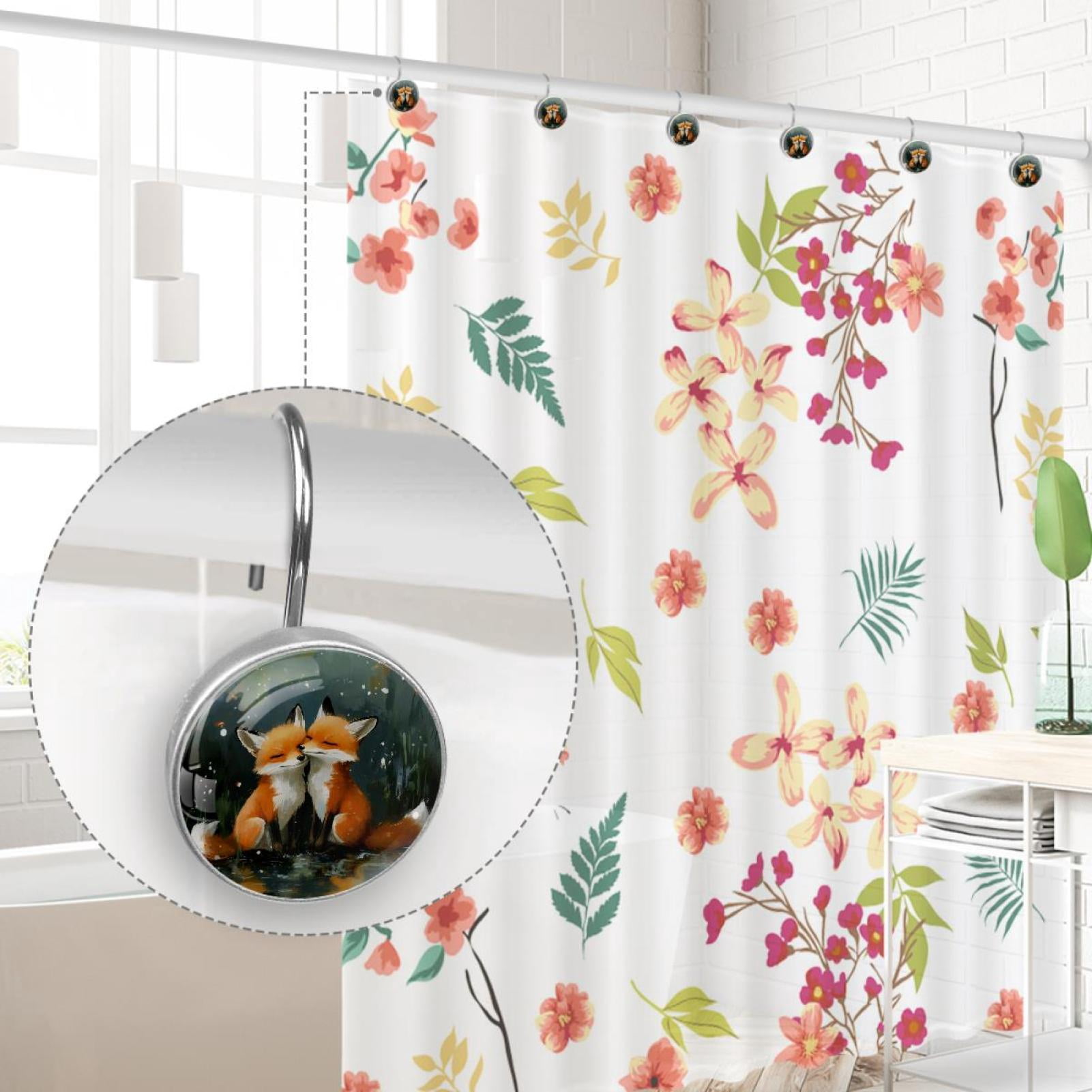 Two Foxes Painting Shower Curtain Hooks Round Crystal Glass, Set of 12 Shower Curtain Rings - Shower Hooks for Curtain Shower Rings