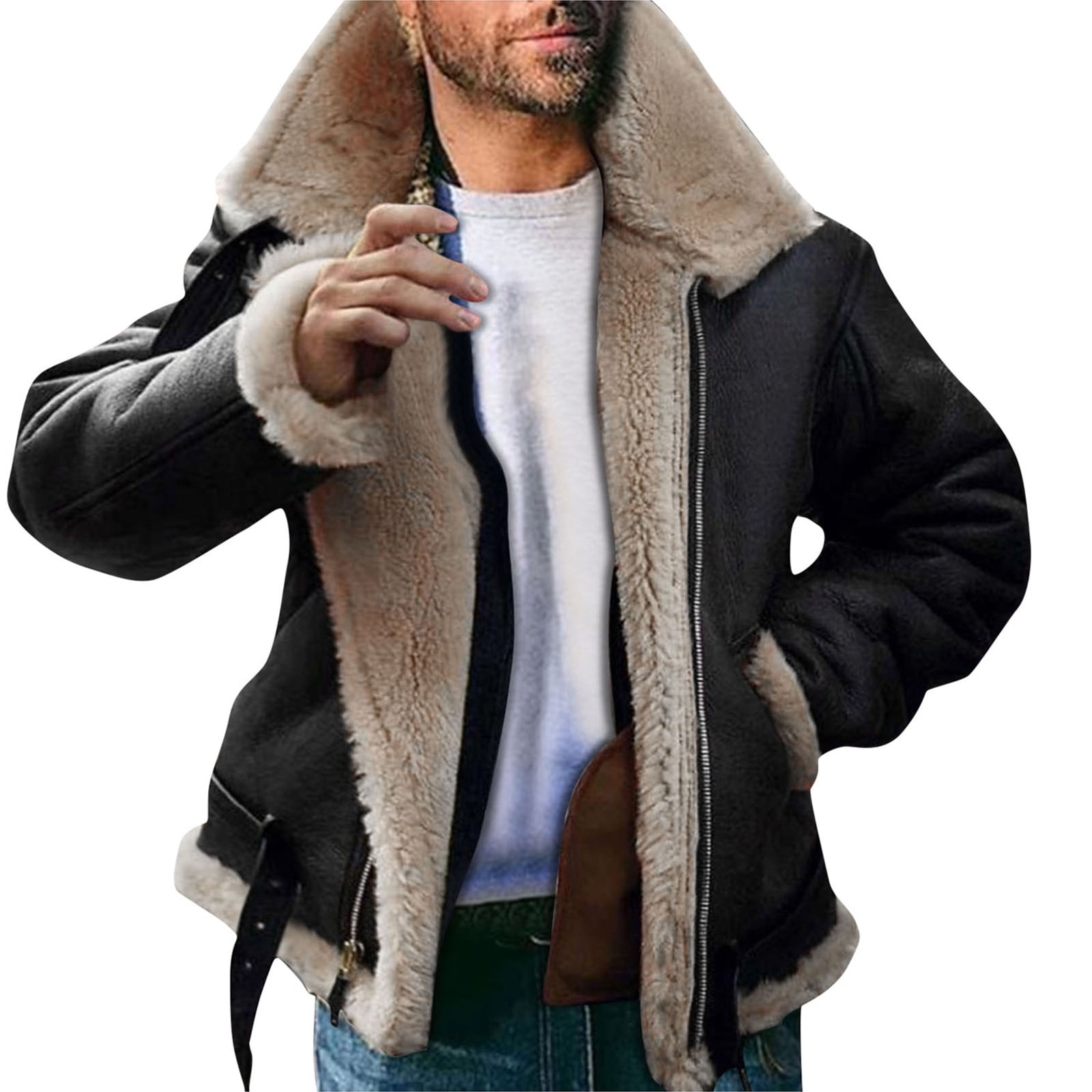 LBECLEY Mens Work Coats Men Plus Size Winter Coat Lapel Collar Long Sleeve  Padded Leather Jacket Vintage Thicken Coat Sheepskin Jacket Men Dress Coat  Black L 