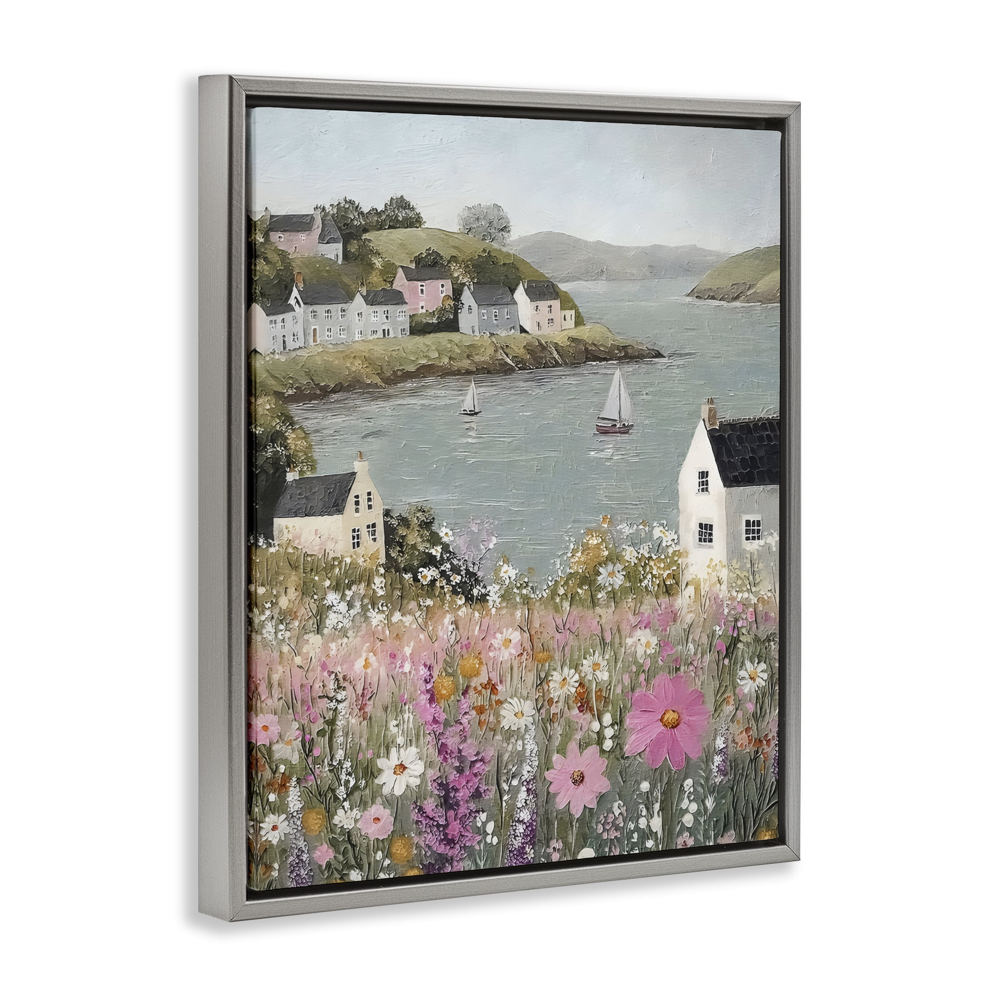 Stupell Industries Seaside Cottages & Sailboats Gray Framed Floater Canvas Wall Art, design by Riley B