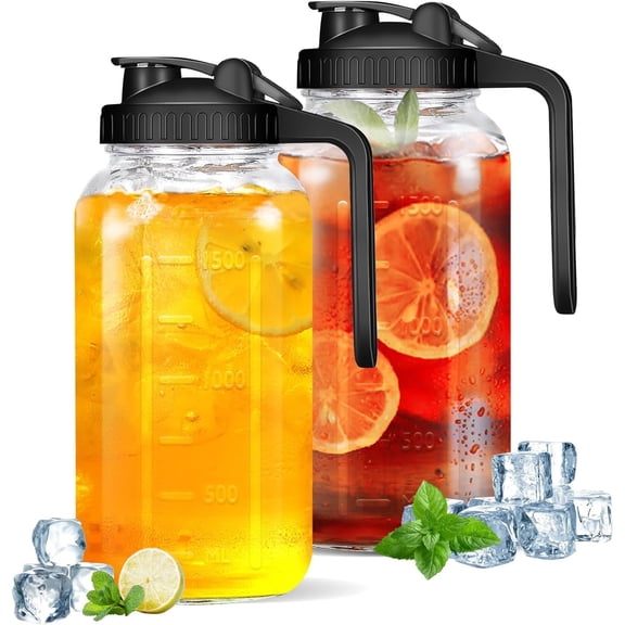 Glass Pitcher Mason Jar Pitcher Set of 2 Pack, 64oz (2 Quart) Airtight & Leakproof Glass Pitcher with Pour Spout Lids for Water, Juice, Milk, Tea, Iced Coffee