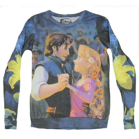 Tangled (Disney) Girls Juniors Sweatshirt - Dancing Duo All Over Image (X-Small)
