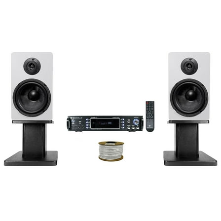 Rockville RPA60BT Bluetooth Receiver (2) 6.5" White Bookshelf Speakers 8" Stands   Rockville R14GSBR100 Red/Blk 14 Gauge 100' Ft. Mini Spool Car Audio Speaker Wire