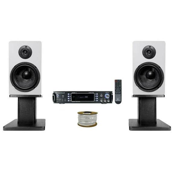 Rockville RPA60BT Bluetooth Receiver (2) 6.5" White Bookshelf Speakers 8" Stands   Rockville R14GSBR100 Red/Blk 14 Gauge 100' Ft. Mini Spool Car Audio Speaker Wire