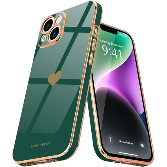 iPhone 14 Plus Case Women Girl Cute Love Heart Luxury Plating Soft Bling Back Cover Raised Full Camera Protection Bumper Silicone Shockproof Phone Case iPhone 14 Plus,Blackish Green