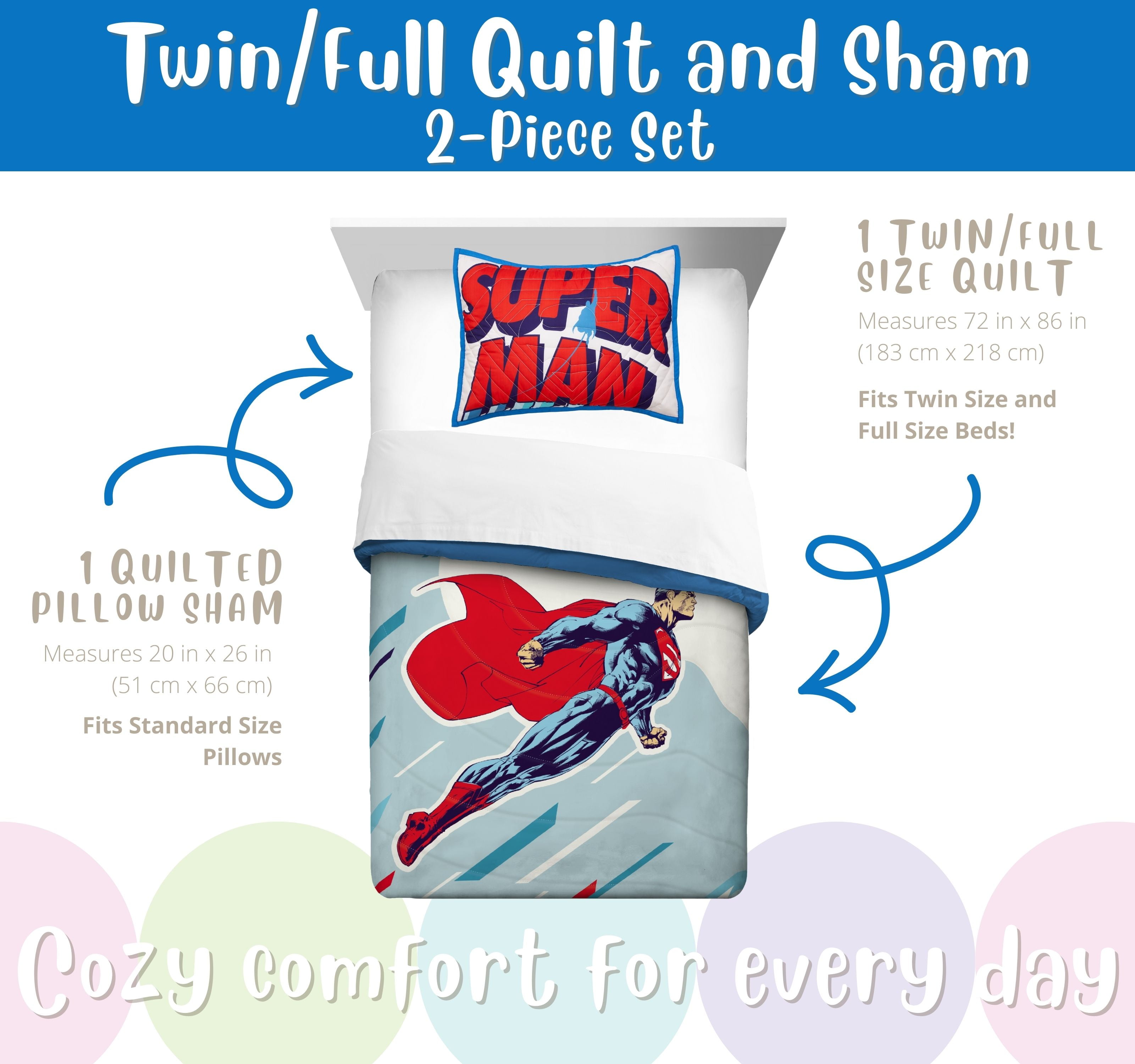 Superman Comic Style 2 Piece Quilt and Sham set, Twin/full