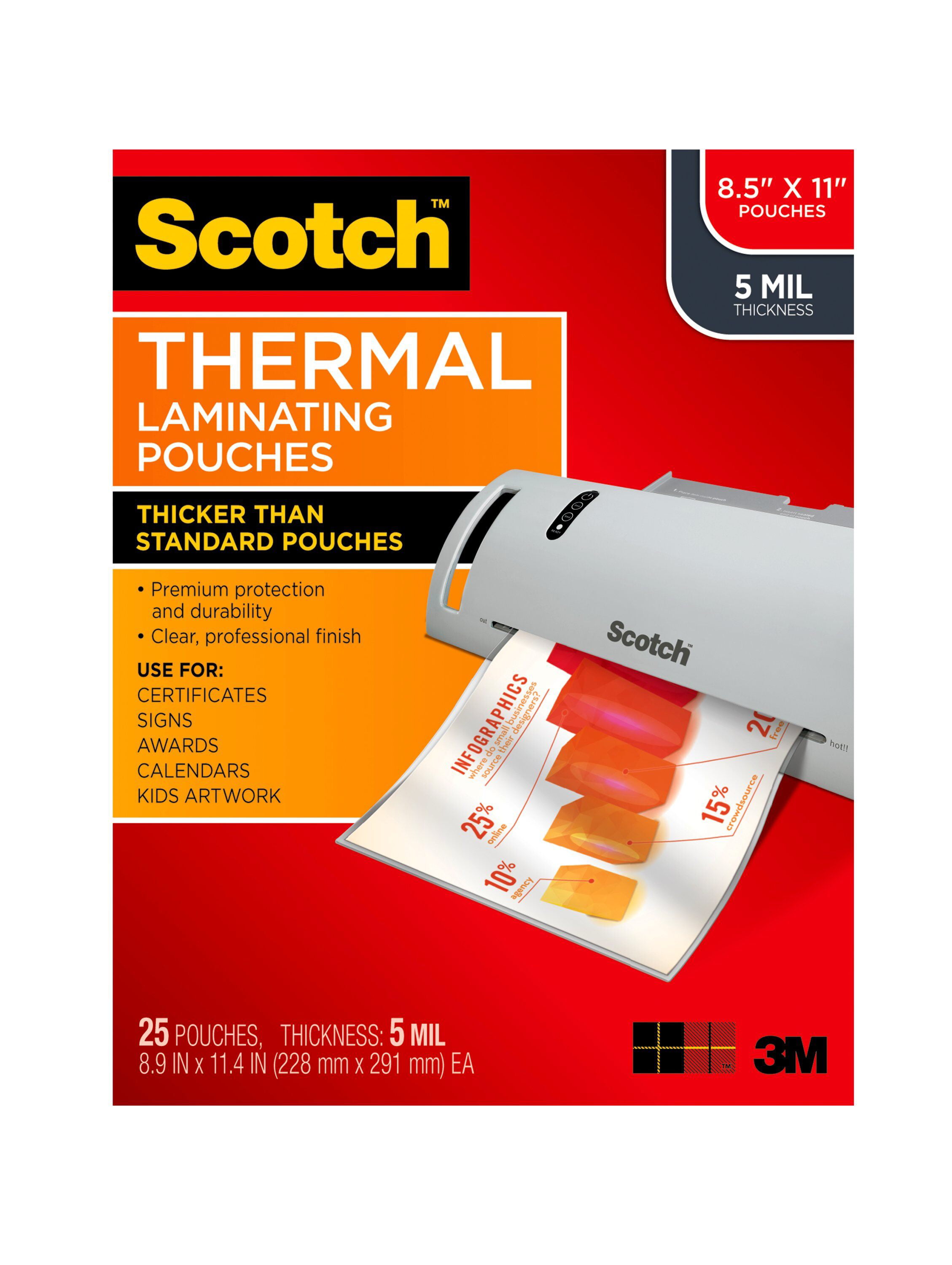 Scotch Premium Thermal Laminating Pouches 25 Count 85in X 11in Letter Size Sheets 5 Mil 