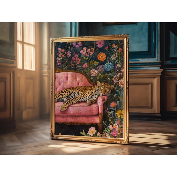 Leopard Floral Wall Art Vintage Wildflower Leopard Sleeping On Pink Couch Modern Wall Decor Maximalist Art UNFRAMED Poster, Wall Art for Decor, Present, 8x12