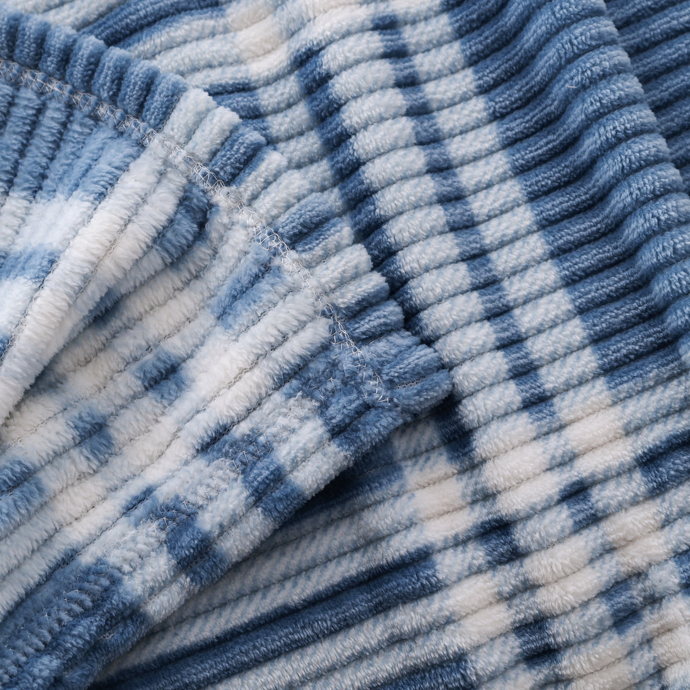 Mainstays Printed Textured Velvet Plush Super Soft Bed Blanket, Full/Queen Size, Blue Corduroy Plaid