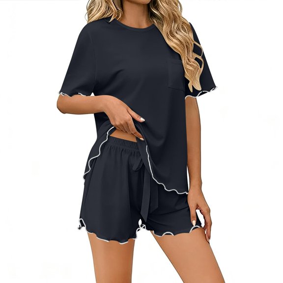 Tnhcen Women's Summer Ice Silk Pajama Set, Short Sleeve Sleepwear 2 Piece Set with Ruffles, Free Size Loungewear Shorts Set Soft Breathable