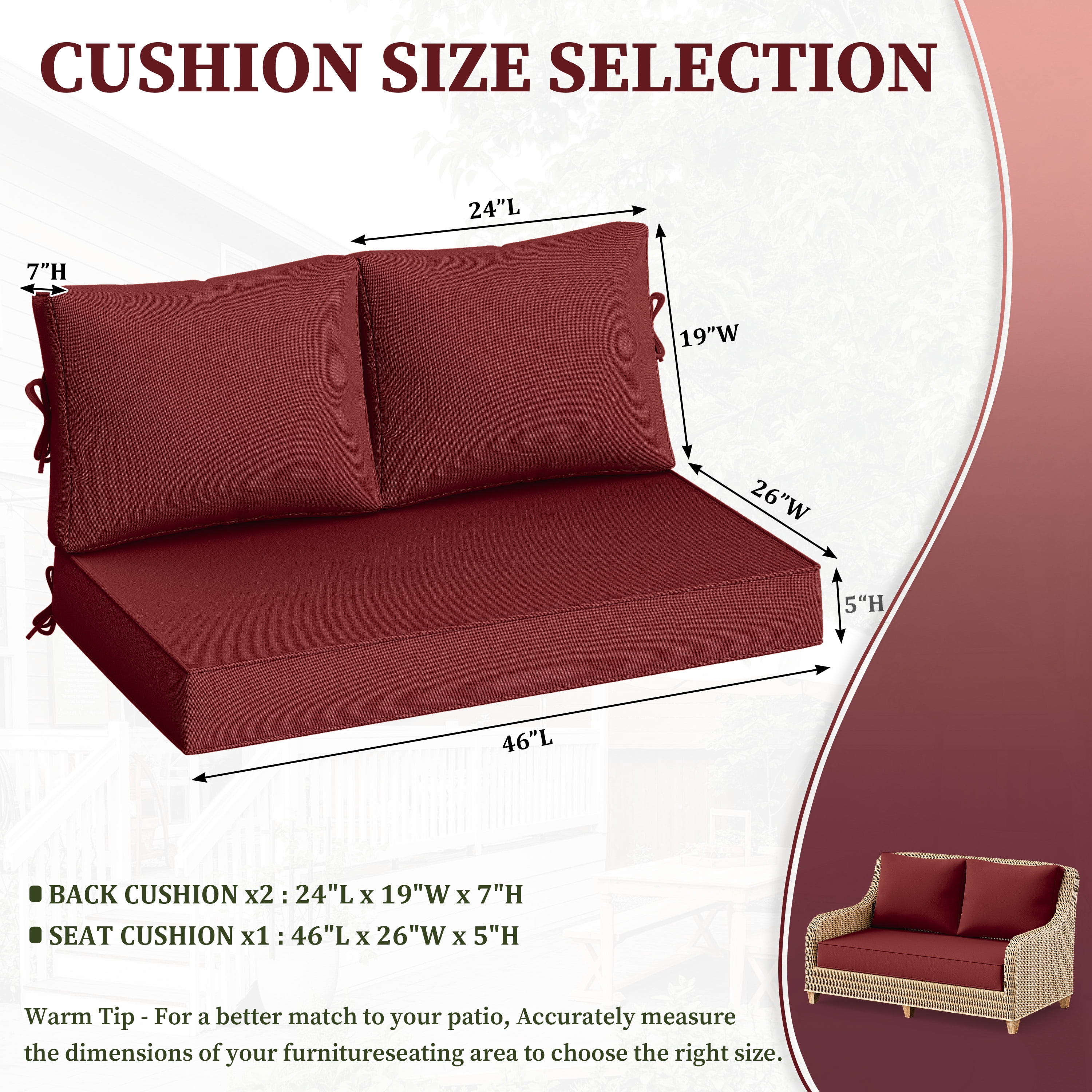 Pakunoda Outdoor Loveseat Cushion Set 46 x 26 Inch, Water Repellent, Fade Resistant, Patio Loveseat Replacement Cushions for Couch Bench and Swing, Burgundy