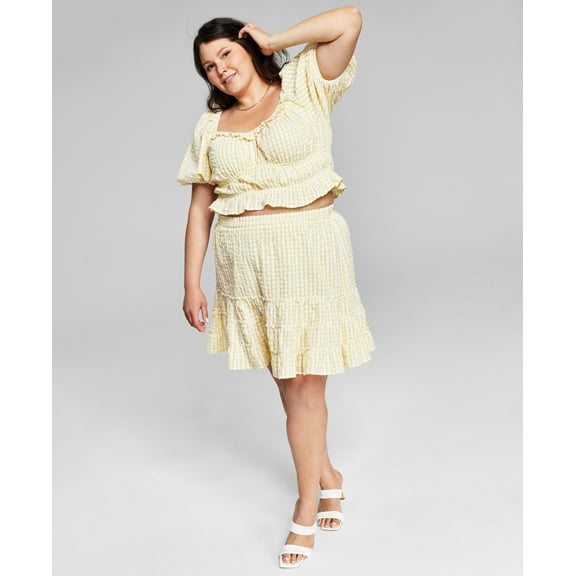Now This Trendy Plus Size Cotton Tiered Skirt Yellow Gingham 3X