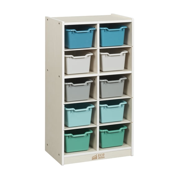ECR4Kids 10 Cubby Mobile Tray Cabinet and 10 Scoop Front Bins, 5x2, Kids Furniture, White Wash
