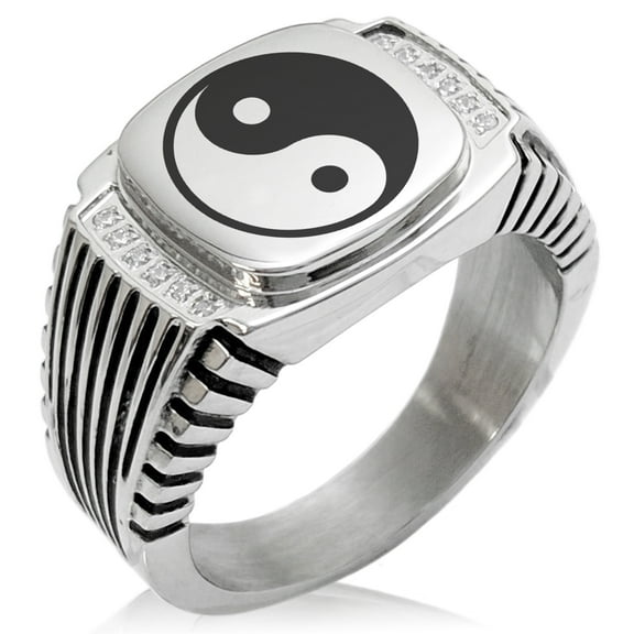 Stainless Steel Yin Yang CZ Ribbed Needle Stripe Pattern Biker Style Polished Ring