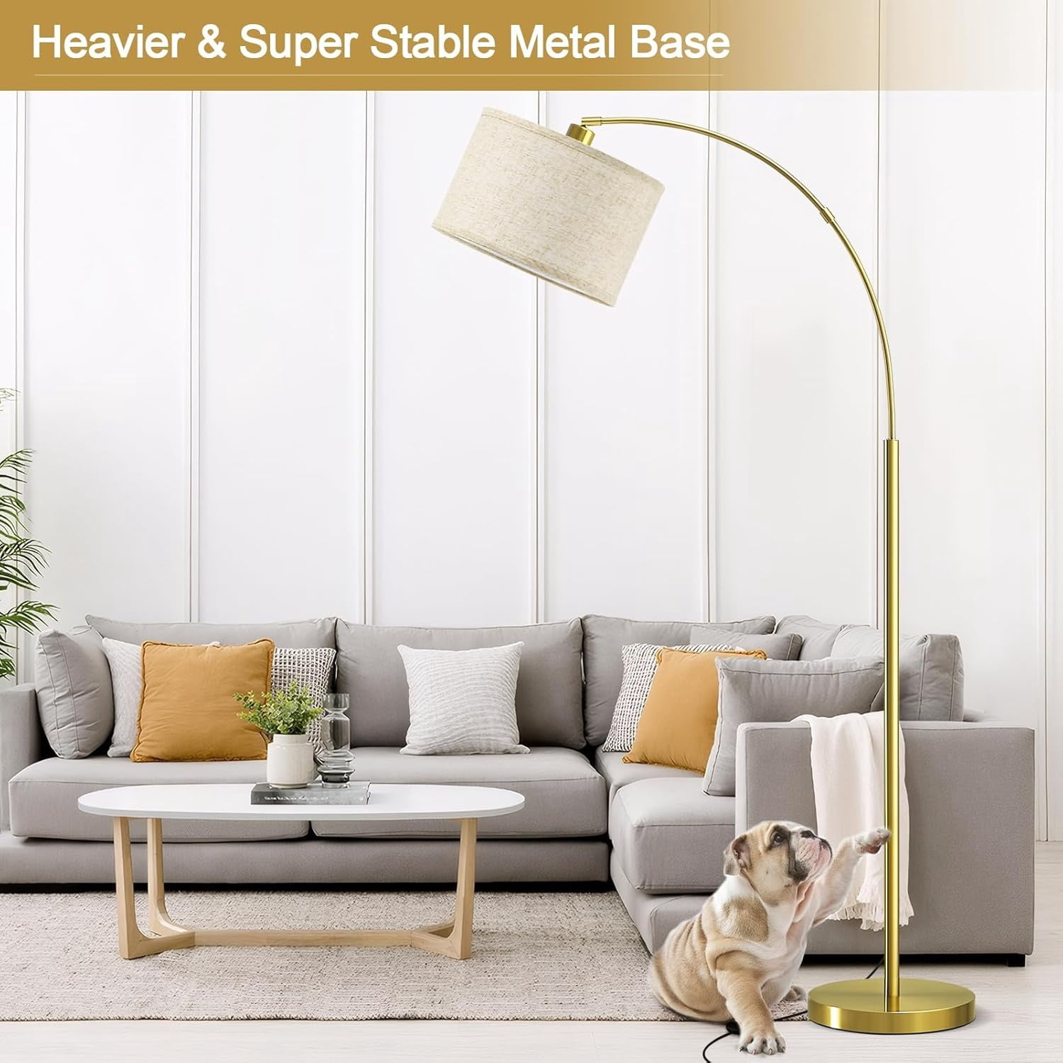 Arc Floor Lamp, 71" Tall Standing Lamp with On/Off Foot Switch, Gold Floor Lamp for Living Room with Adjustable Drum Lampshade, Over Couch Arched Reading Light for Reading, Bedroom, Office
