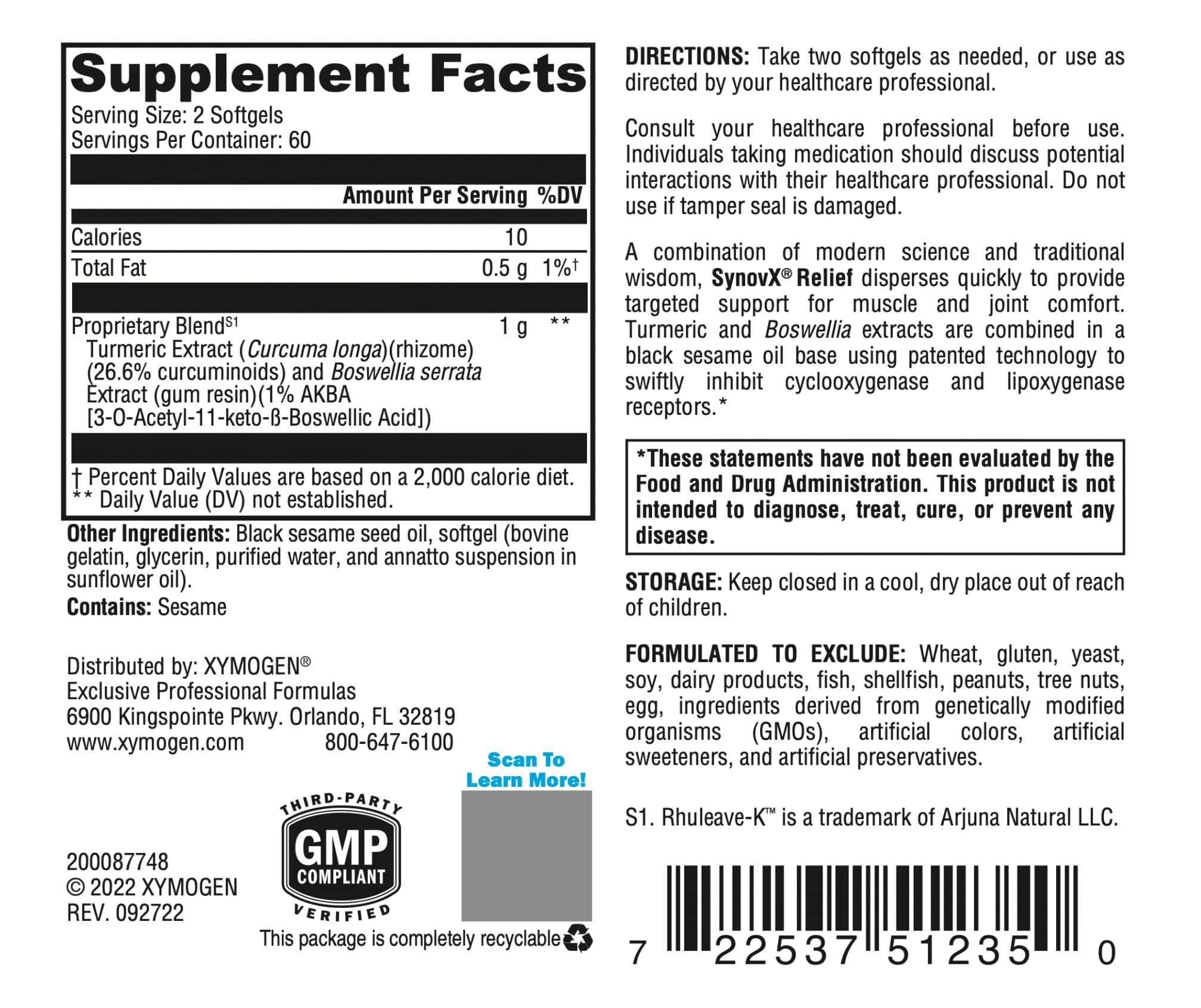 XYMOGEN SynovX Relief - Joint Support Supplement with Boswellia Serrata Extract & Turmeric - Muscle & Joint Relief Supplement - Gluten-Free & Non-GMO - 120 Softgels