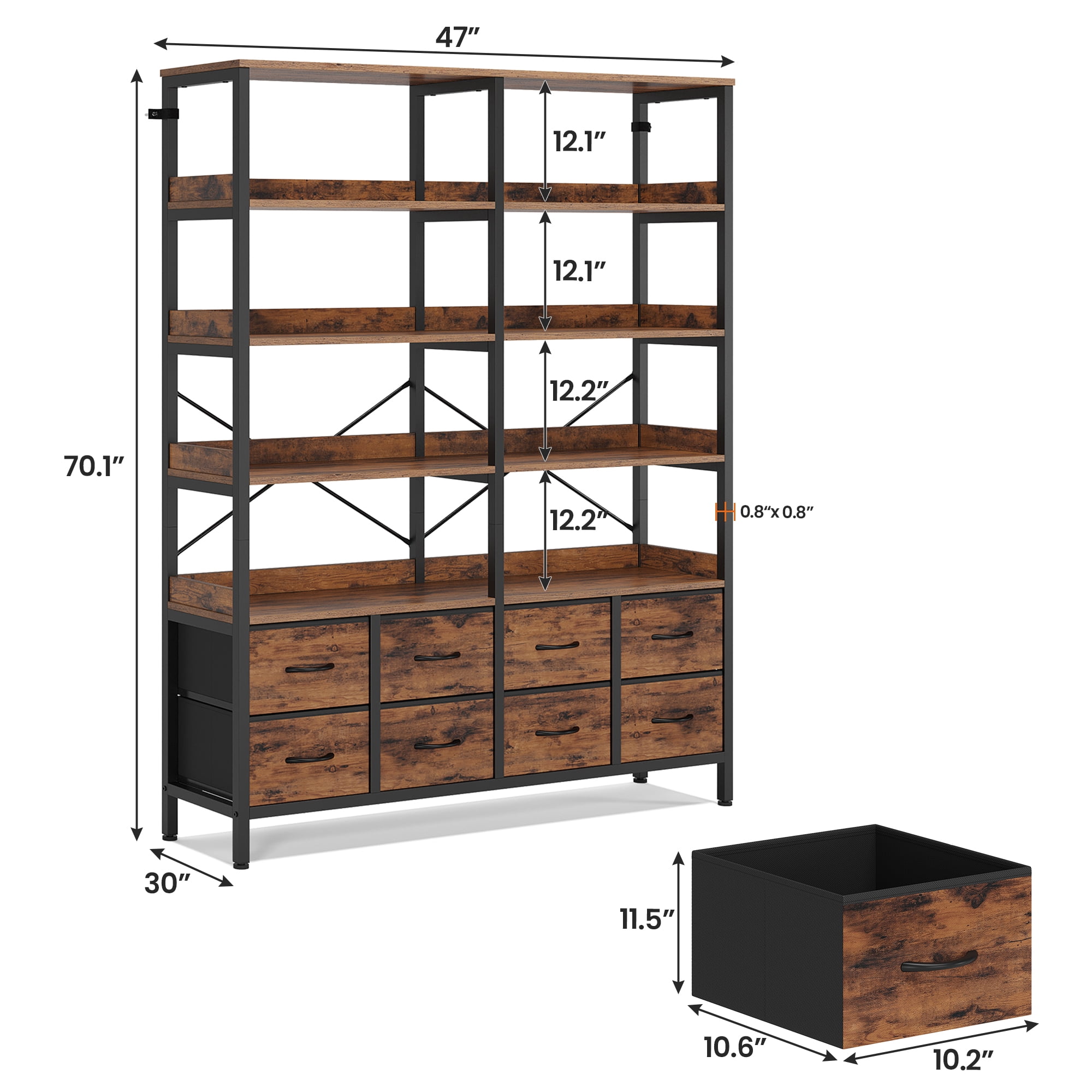 Afuhokles Bookshelf with 8 Fabric Drawers, 7-Tier Bookcase for Living Room Home Office, Brown