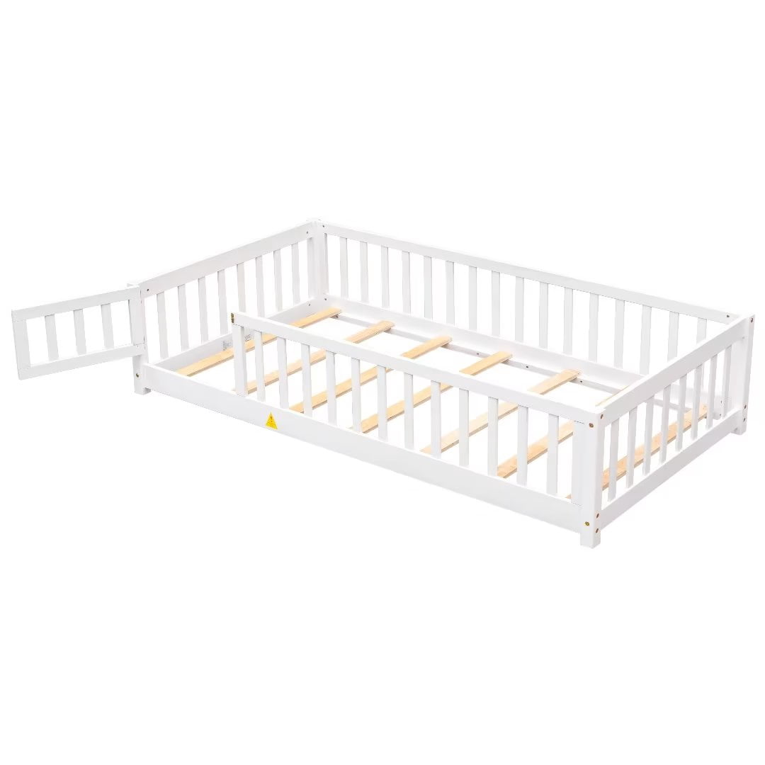 JINS & VICO Kids Twin Floor Pine Wood Platform Bed with Fence and Door, White