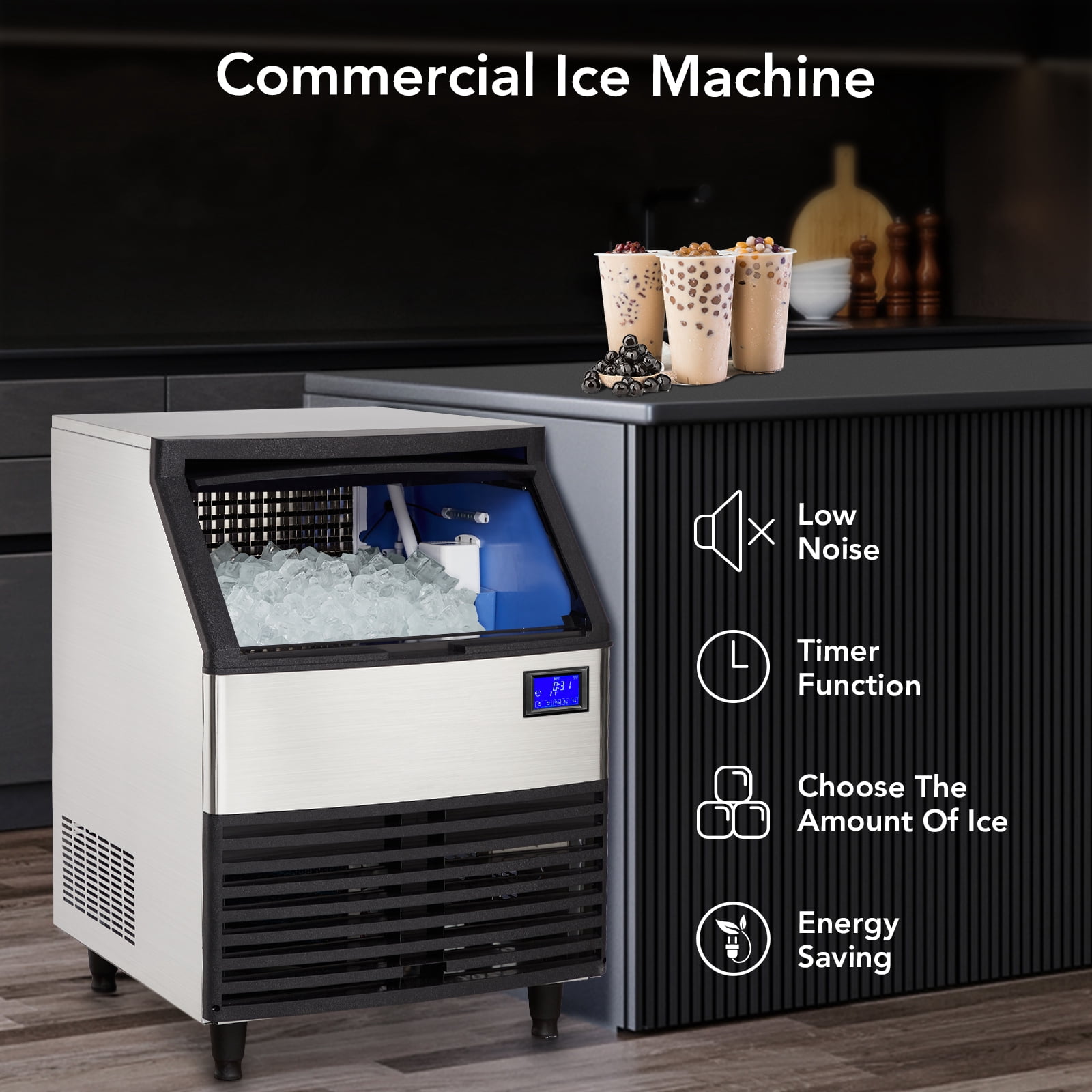 Commercial Ice Maker Machine 176LBS/24h with 99LBS Storage, Freestanding Ice Makers for Home Bar Restaurant Café, Stainless Steel Ice Cube Maker Machine LCD Panel