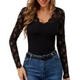 thumbnail image 2 of Bovemsi Women's Spring Solid Color V Shaped Lace Splicing Slim Fit Long Sleeved T Shirt, Black Summer Women's Long Sleeve T-Shirts, S, 2 of 9