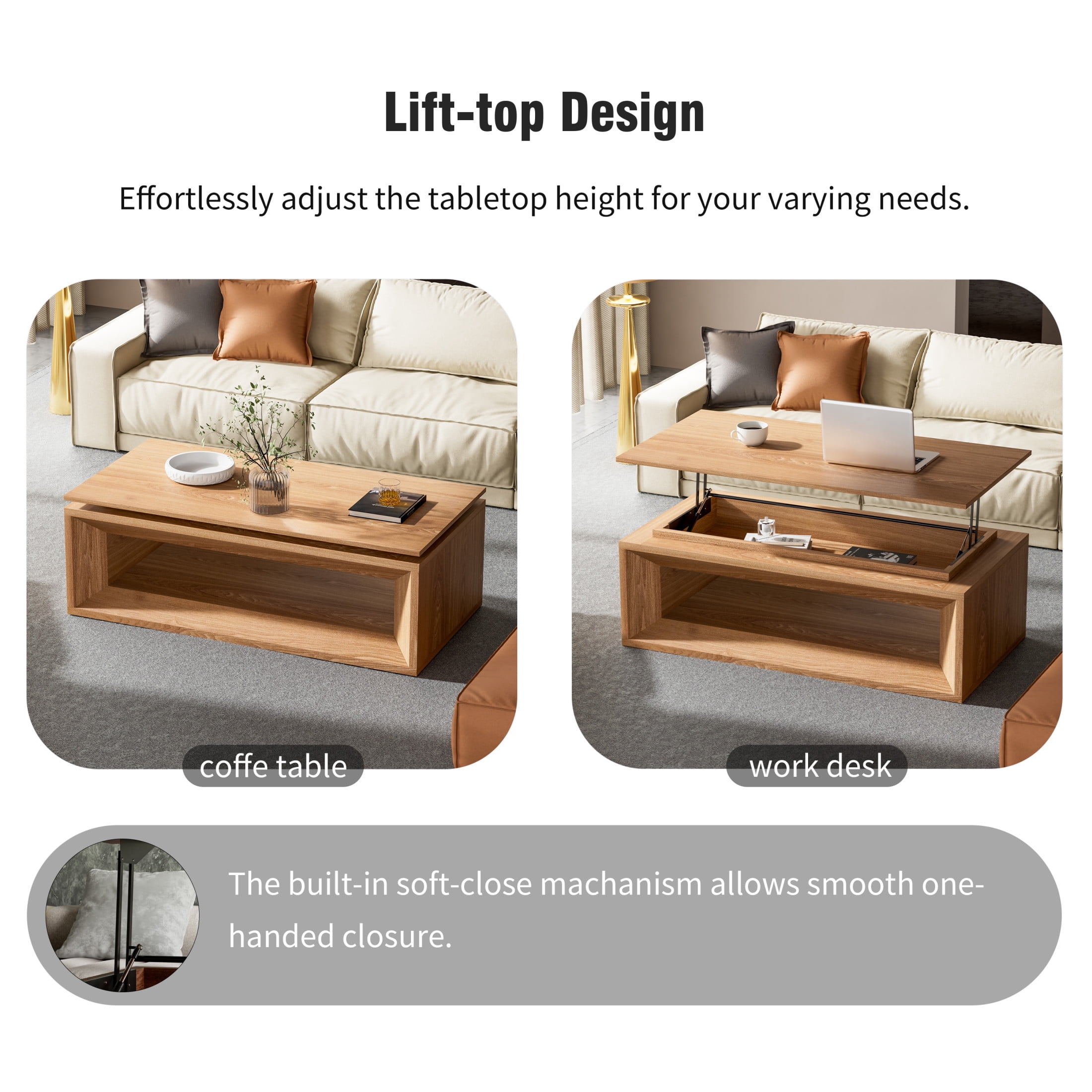 Noble House Fraser 43.3" Modern Lift-Top Coffee Table with Hidden Storage, Adjustable Height for Living Room, Natural