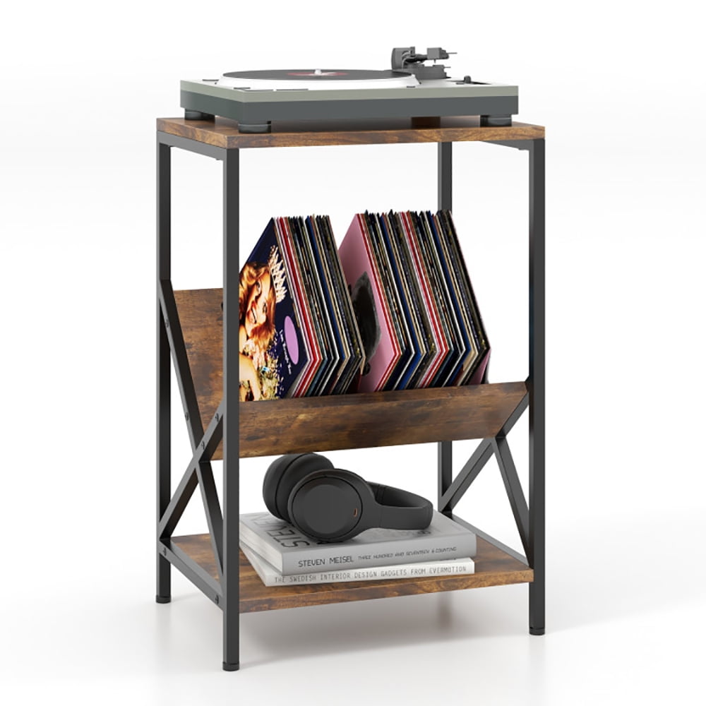 Finihen End Side Table, 3-Tier Industrial Side Table with V-shaped Bookshelf, Bed Side Tables, for Living Room, Bedroom, Rustic Brown Finihen End Side Table, 3-Tier Industrial Side Table with V-shaped Bookshelf, Bed Side Tables, for Living Room, Bedroom, Rustic Brown