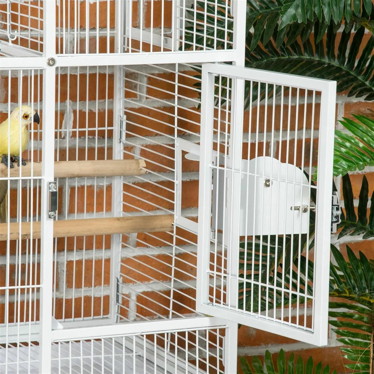 Kadyn 64" Height Large Flight Cage, Bird Cage with Rolling Stand, Hooks Above, Perch, Tray, Food Cups for Parrots Conures Lovebird Cockatiel Parakeets, White