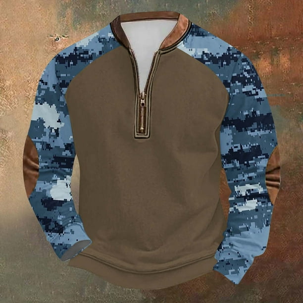 Blusas y camisas de manga larga con cuello redondo para hombre, talla grande, media cremallera, cuello redondo, estampado vintage de camuflaje, blusa de poliéster de manga larga para hombre