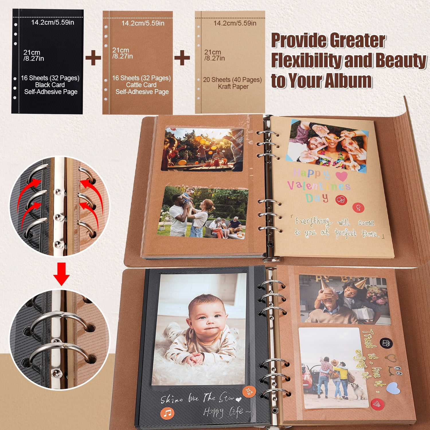 TJT 104 Pages Scrapbook Album, Self Adhesive Photo Album DIY Photo Book, Leather Memory Book for Wedding Baby Family Travel Birthday Christmas Khaki