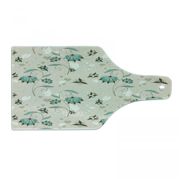 Floral Cutting Board, Romantic with Little Hearts Swirled Stems with Blossoms Feminine Graphic, Tempered Glass Cutting and Serving Board, Wine Bottle Shape, Turquoise Brown Beige, by Ambesonne